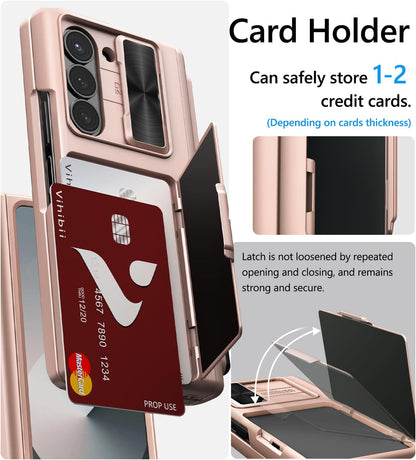 Vihibii for Samsung Galaxy Z Fold 6 Case with S Pen Holder & Card Holder & Slide Camera Cover & Screen Protector & Hinge Protection, Full Cover Shockproof Wallet Phone Case for Z Fold 6 5G, Rose Gold