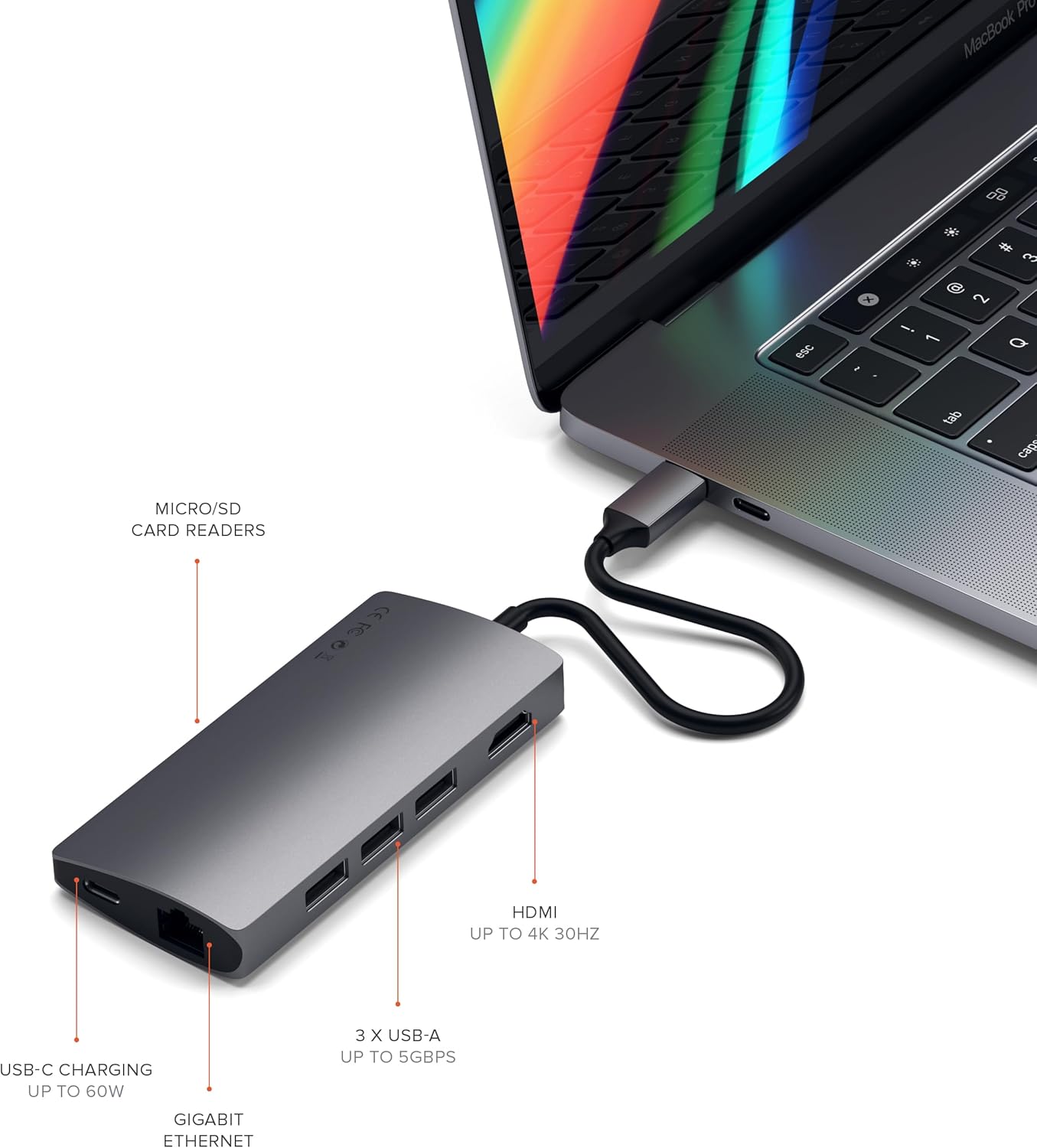 Satechi 8 in 1 USB C Hub Multiport Adapter V2, 4K HDMI, 115W USB C PD Charging, 3 USB-A, Ethernet, Micro/SD Card Readers, for Laptop, MacBook Pro/Air M4/M3/M2/M1, iPad, iPhone 16, Windows - Space Gray