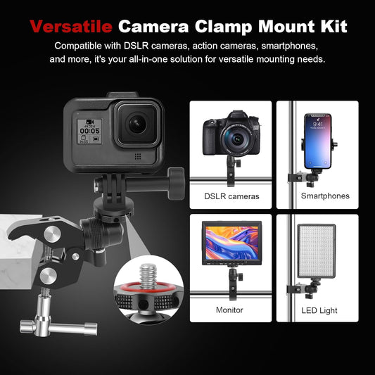 Super Clamp Camera Mount with 360° Mini Ball Head, Aluminum Desk Tube Crab Clamp for Monitor/Light/Mic, Bike/Motorcycle Handlebar Mount for Go Pro/Insta360/DJI Action Camera (SY012)