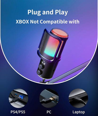 Gaming USB Microphone Kit with Boom Arm - RGB Condenser Mic with Noise Cancellation, Mute Button Reverb Adjustment, Monitoring for Streaming, Podcasting, Discord, YouTube