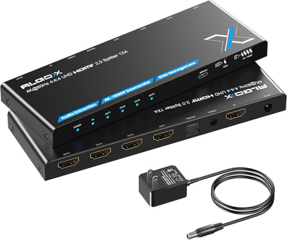 4K HDMI Splitter 1x4 with Audio Extractor, Downscaler & EDID, 4K@60Hz HDR HDMI 2.0 18Gbps HDMI Duplicator with TOSLINK & 3.5mm Stereo Out, Support HDCP 2.2 for TV, PS5, Xbox, Roku, Projector, Switch2