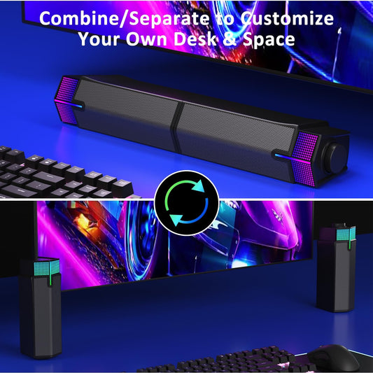 Jeecoo M20 Bluetooth Computer Speakers for PC Desktop Monitor, Gaming PC Sound Bar - Wired USB-Powered, Superb Stereo Sound, with Gradient RGB Lighting - Combine/Separate to Customize Your Desk