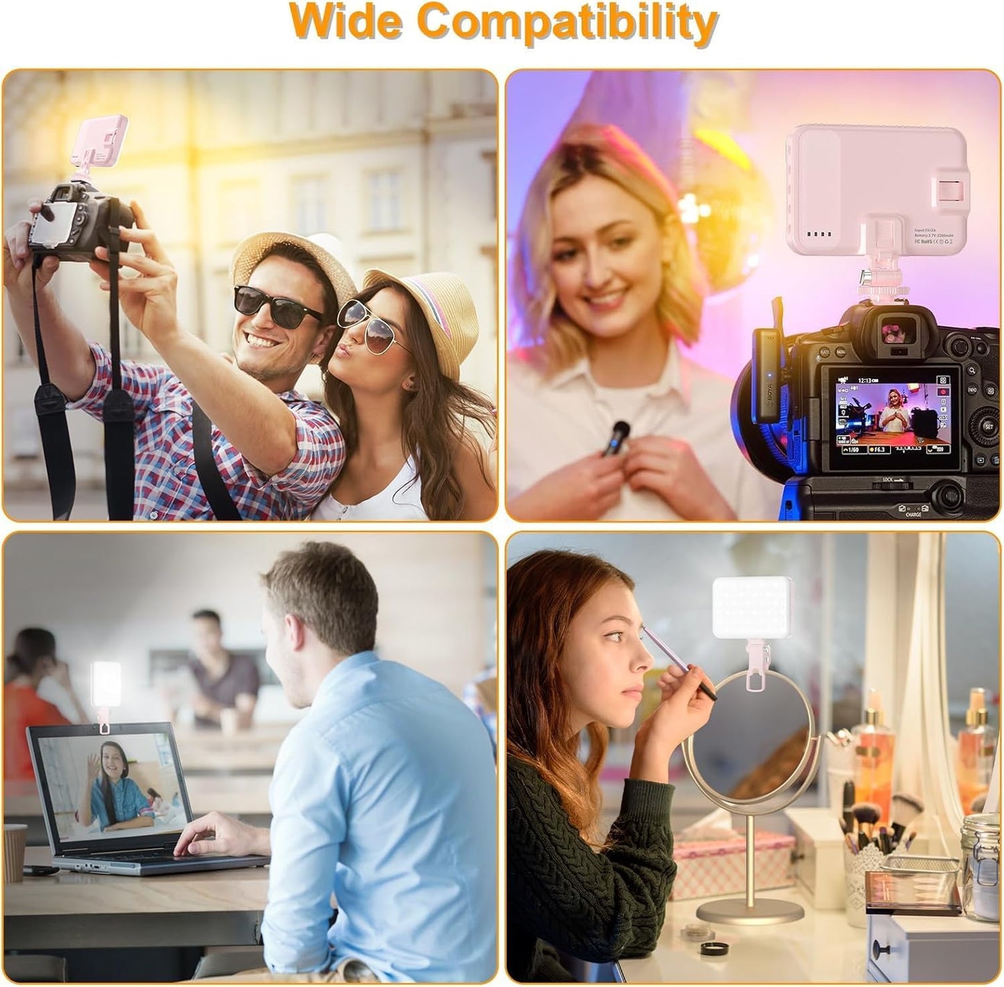 Hagibis LED Camera Light Video Lights Portable Photography Lighting 60 LED 2200mAh Rechargeable Selfie Light 7 Modes, 10-Level Brightness, Portable Clip on Light for Phone/Tablet/Laptop, Pink