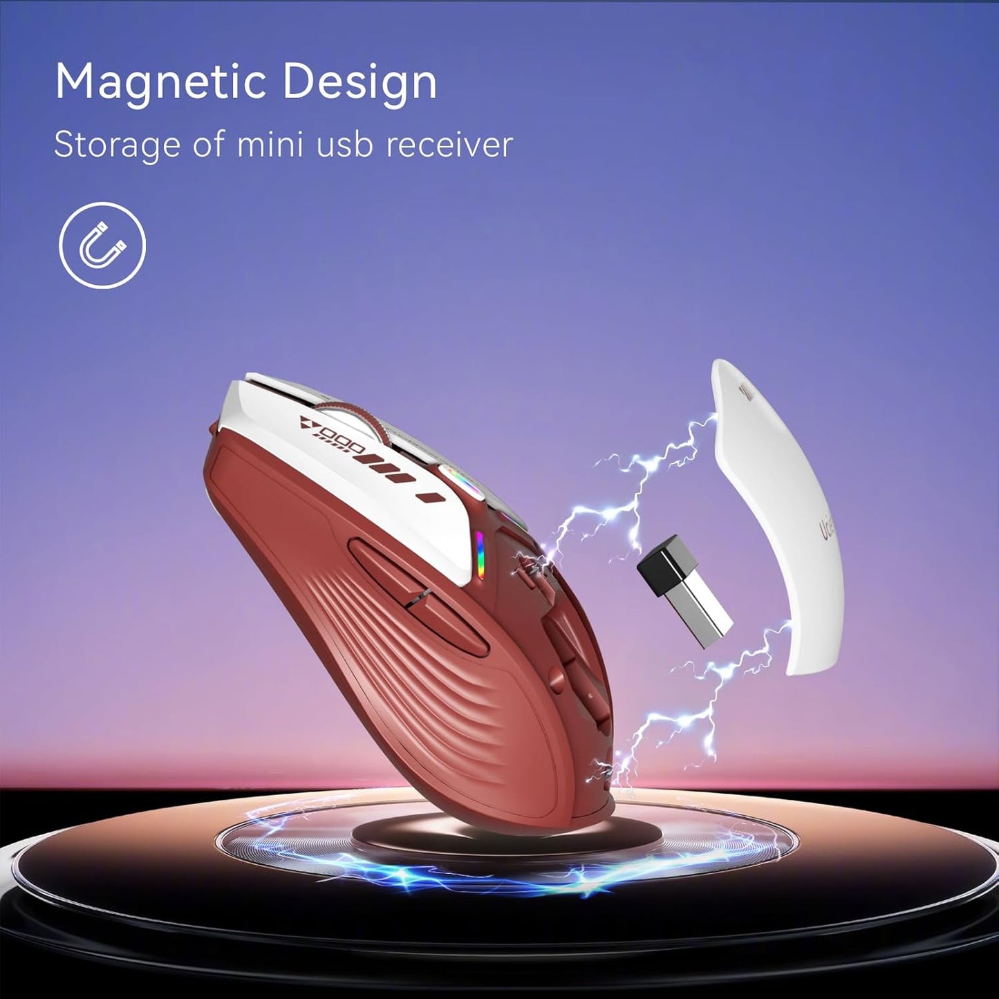 Uciefy V19 Wireless Mouse, 2.4GHz Rechargeable Mouse LED with Battery Indicator, Magnetic Computer Mice with USB Receiver & Type-C Adapter for Laptop/PC/Mac/Chromebook-Red