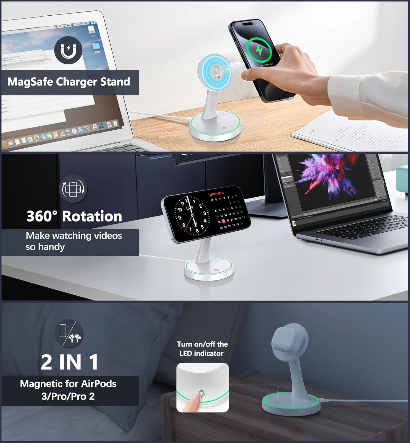 Magnetic Wireless Charger Stand 15W Fast Mag-Safe Charger for iPhone 16/16 Pro/16 Plus/16 Pro Max/15/14/13/12 Series Magnet Wireless Charging Station/Pad with Sleep-Friendly Light for AirPods
