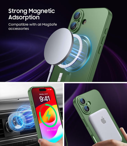 Magnetic for iPhone 16 Case [Compatible with MagSafe][Built-in Camera Lens Protector] Slim Soft Silicone Bumper Shockproof Metallic Luster Phone Case (Green)