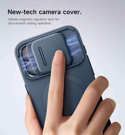 SURITCH for iPhone 15 Pro Max Case with Magnetic Camera Slide Cover and Adjustable Kickstand, Compatible with MagSafe, Shockproof Bumper Case Slim Protective Cover 6.7 Inch, Blue