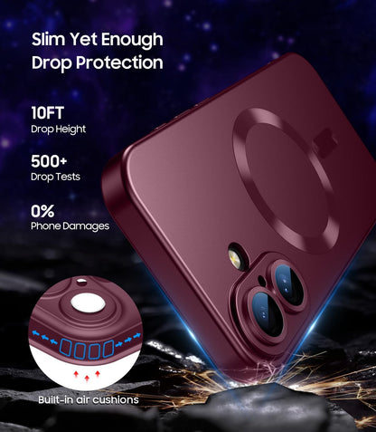 Magnetic for iPhone 16 Case [Compatible with MagSafe][Built-in Camera Lens Protector] Slim Soft Silicone Bumper Shockproof Metallic Luster Phone Case (Burgundy)