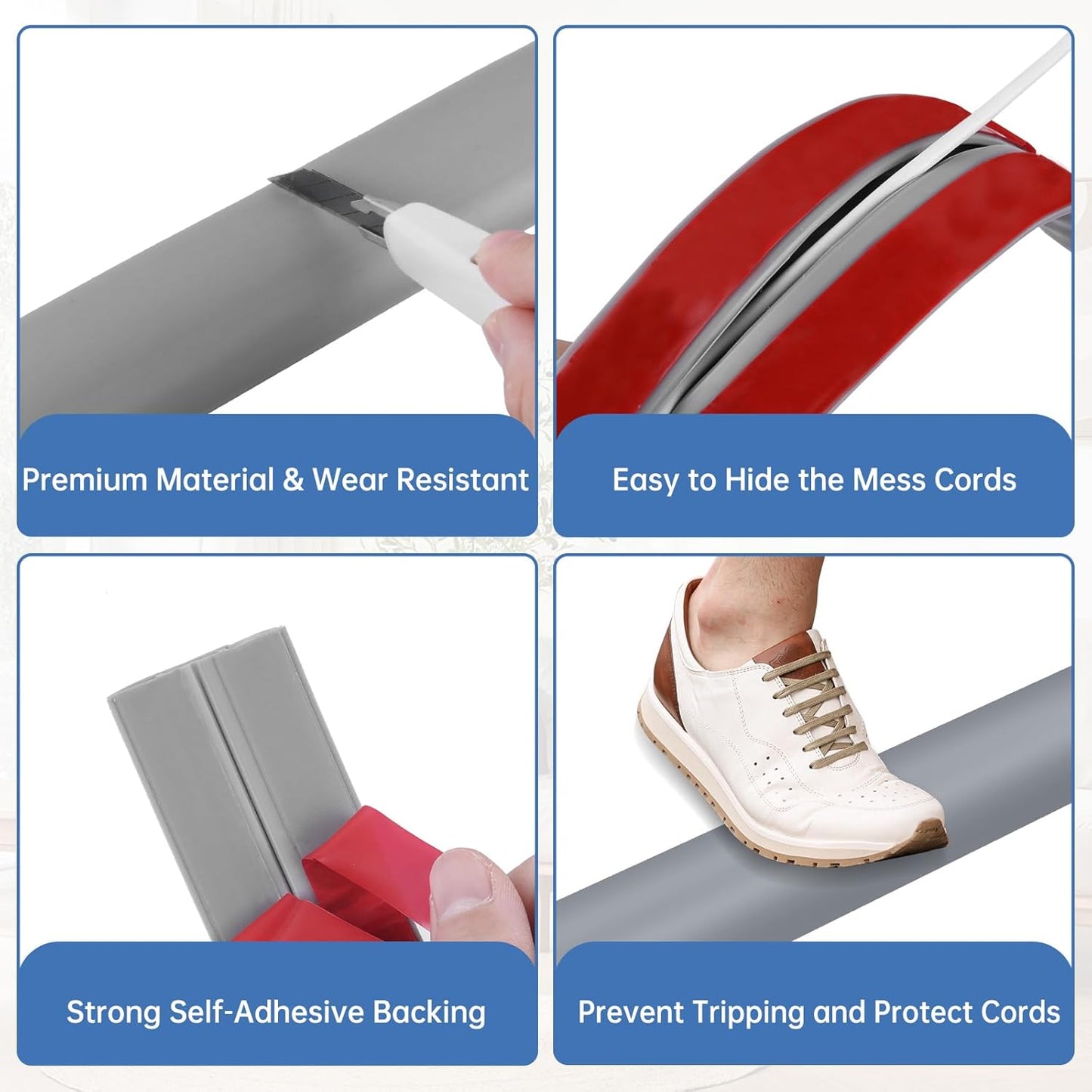 Floor Cord Cover Self Adhesive Cord Hider Floor Extension Cord Covers for Floor Power Cord Protector Cable Management Prevent Cable Trips Cable Cavity 0.32" W x 0.32" H (Grey, 20Ft)