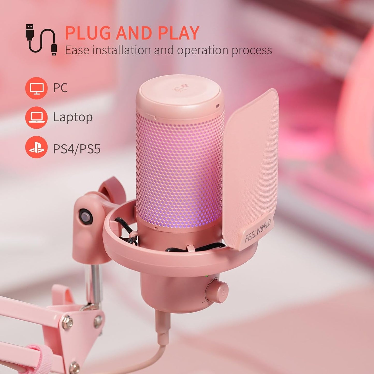 FEELWORLD VM1 Pink Gaming PC USB Microphone Condenser Mic with Noise Cancellation Mute RGB Light, Computer Accessories Gifts for Gamer YouTube Twitch Podcast Streaming Recording Online Chat PS4 PS5