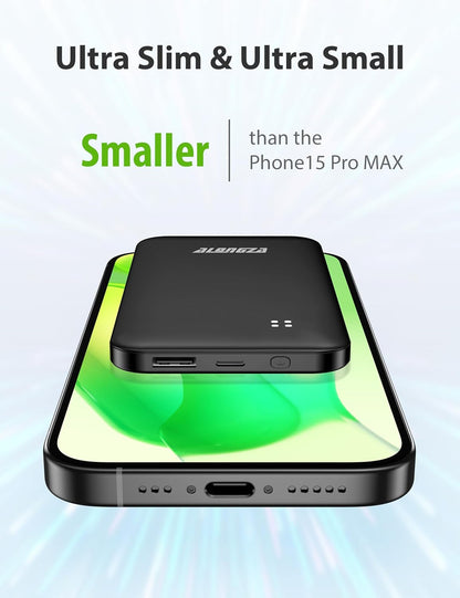 Alongza Portable Charger Built-in Cables and AC Wall Plug, Slim Fast Charging Power Bank 10000mAh, Lightweight USB C External Battery Pack Compact Travel Cell Phone Charger