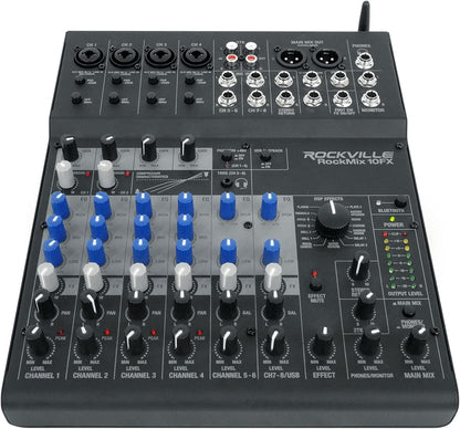 Rockville ROCKMIX 10FX 10-Channel Mixer, USB Recording Interface, Digital Effects, 3-Band EQ, Phantom Power, Bluetooth 5.0, for Home Studio, Podcast, and Live Performance