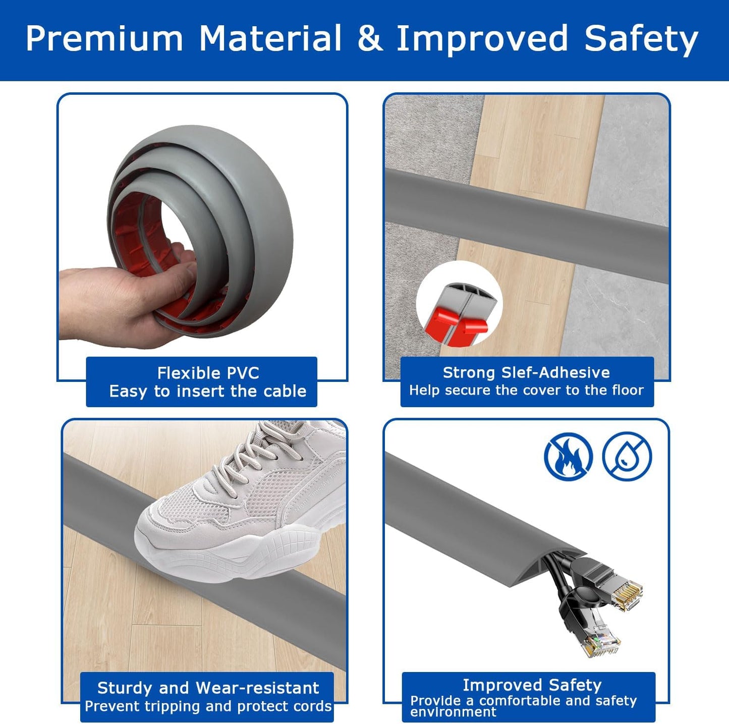 6ft Floor Cord Cover,Cord Hider Floor Gray,Extension Cable Cover Power Cord Protector Floor,Floor Cable Management Prevent Cable Trips,Cord Protector Cord Cavity:0.47" (W) x 0.24" (H)