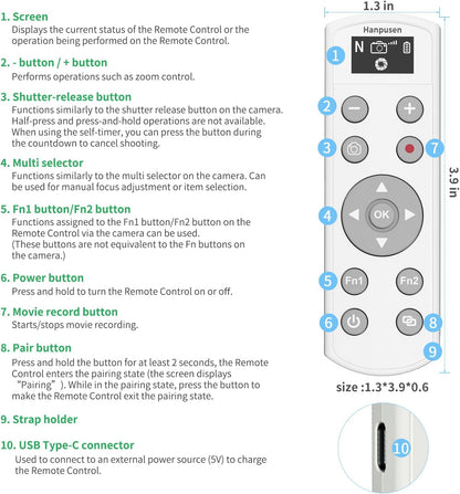 for Nikon Rechargeable Wireless Remote Control - Camera Remote Shutter Release with Zoom Focus Compatible with Nikon Z6 II/Z6 III/Z7 II/Z30/Z50/Z fc/Z f/Z5 II/Z50 II/B600/A1000/P950/P1000/P1100