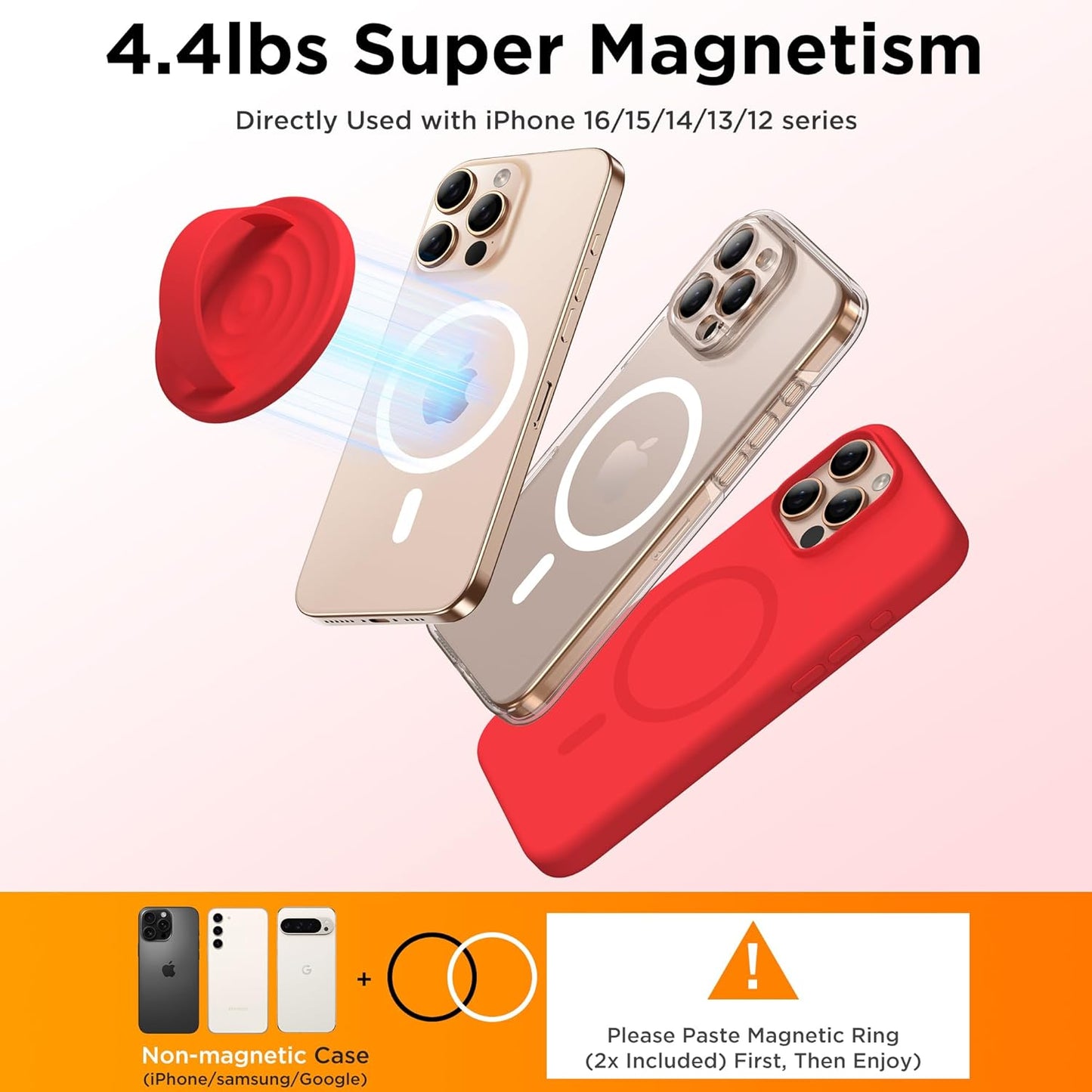 Magnetic Phone Ring Grip Holder, Silicone Finger Loop Grip, Compatible with MasSafe, Back of Phone for iPhone Pro Max/Plus/16/15/15/14/13/12 Series, Red