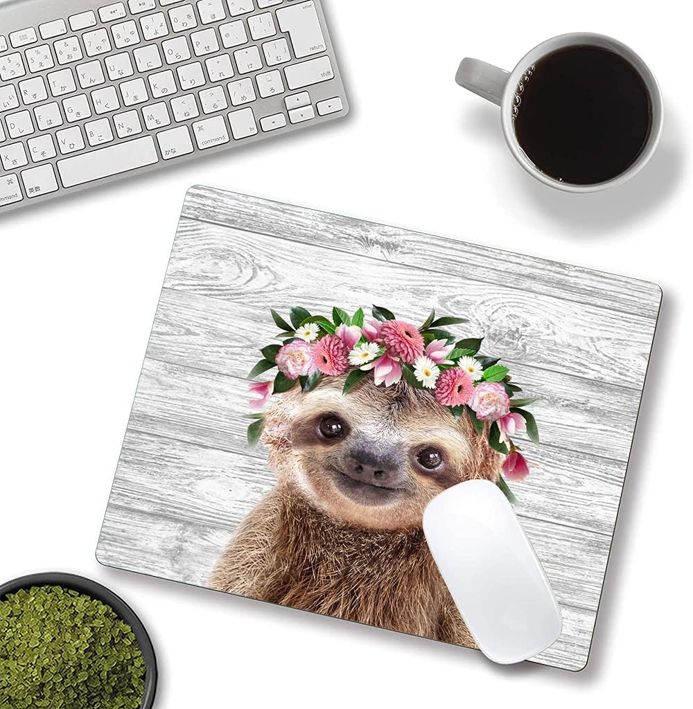 Hokafenle Mouse Pad, Cute Sloth with Floral Mouse Pad, Mouse Mat Square Waterproof Mousepad with Design, Non-Slip Rubber Base Mouse Pads for Women Office Laptop