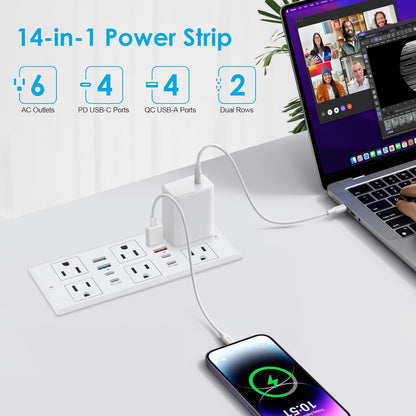 30W Recessed Power Strip USB C, Desk Flush Mount Outlet Plug in 6 AC & 8 USB Ports for Furniture Conference Power Hub, 6FT