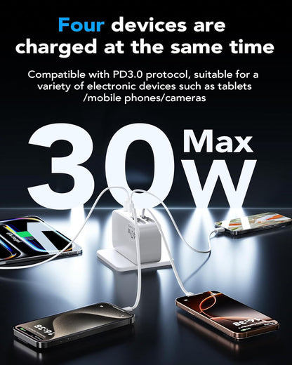 Retractable USB C Charger Wall Plug with Dual 35.5in/90cm Type C Cables Cords,40W Fast Charging Foldable Block Multi Charger for All Devices for iPhone 16/15/14/13/12/11,iPad,Galaxy,Pixel