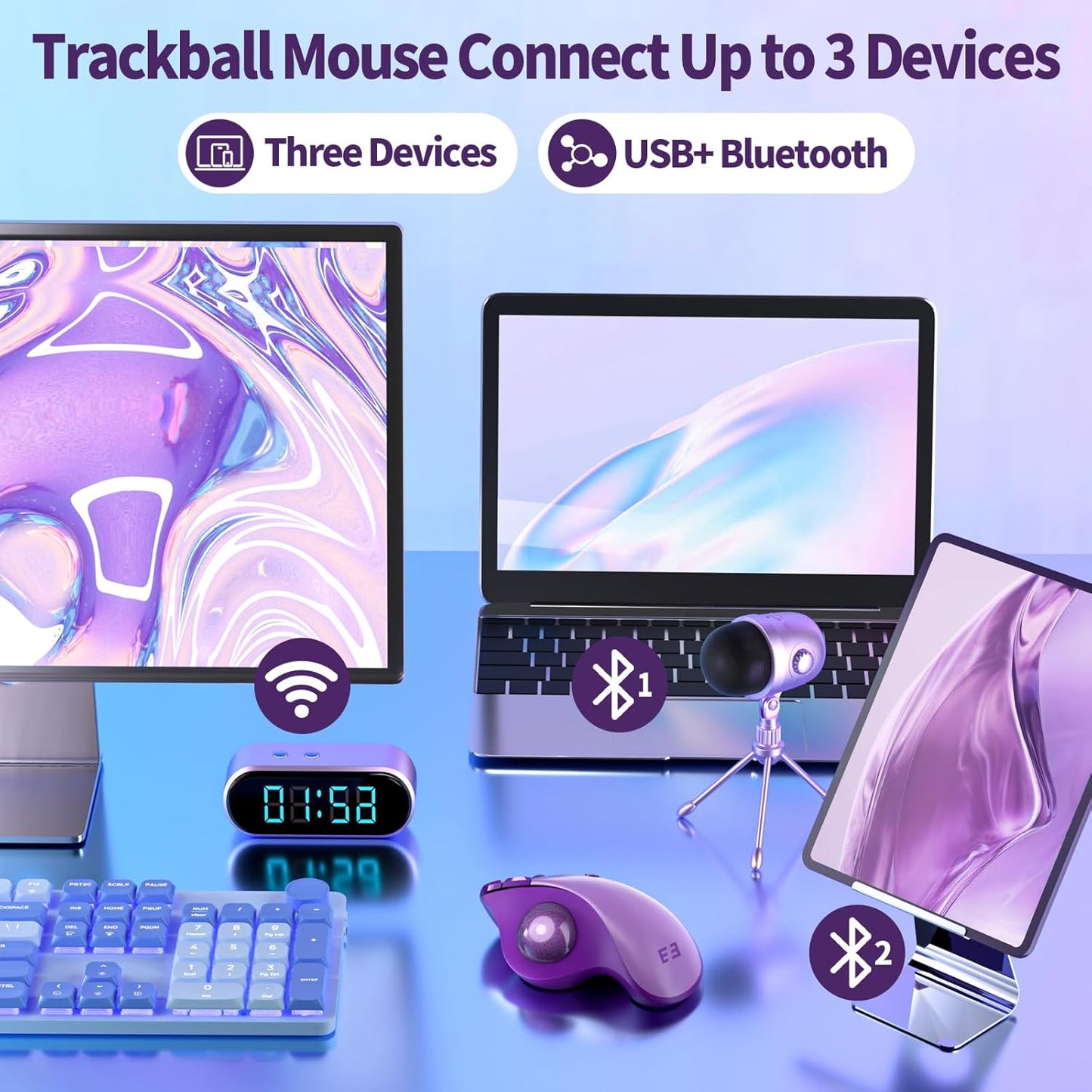 seenda Wireless Trackball Mouse, Bluetooth Rollerball Thumb Control Mice Ergonomic, Rechargeable, Multi Devices Connection Compatible for Mac/Android/Windows Computers - Purple