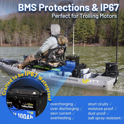 12V 100Ah TMBT LiFePO4 Lithium Battery with Smart Bluetooth, Group 24,Uilt-in 120A BMS, Automatically Cuts and Recovery, IP67, Deep Cycle Perfect for Trolling Motors Marine Boat RVs