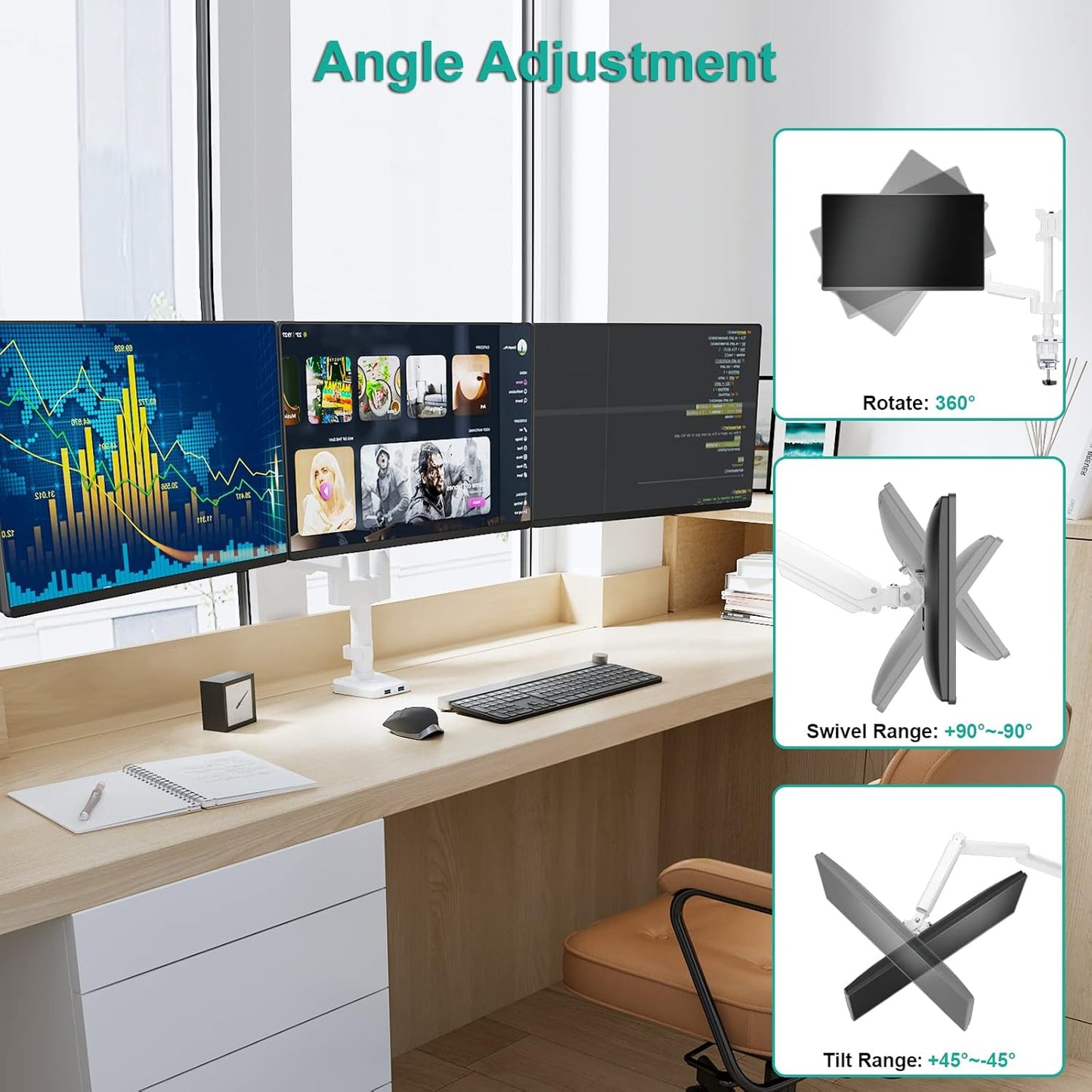 WALI White Triple Monitor Mount, 3 Monitor Desk Mount for Multi Screens from 13 to 27inch with Gas Spring Arm, Fully Adjustment Arm with Tilt, Swivel, Rotate VESA Mount 75x75,100x100mm(GSDM003W-U)