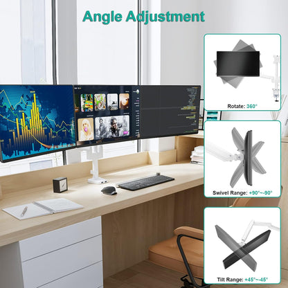 WALI White Triple Monitor Mount, 3 Monitor Desk Mount for Multi Screens from 13 to 27inch with Gas Spring Arm, Fully Adjustment Arm with Tilt, Swivel, Rotate VESA Mount 75x75,100x100mm(GSDM003W-U)