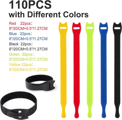 OneLeaf 110PCS Cord Organizer 8 × 1/2" Reusable Cable Ties with Hook and Loop, Colorful Fastening Cord Ties Wire Management for Home, Office, Data Centers, and Electronics, 5 colors