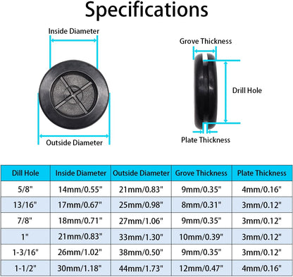 53PCS Rubber Grommets for Wiring, Rubber Grommet Kit in 6 Assorted Drill Hole Sizes 5/8" 13/16" 7/8" 1" 1-3/16" 1-1/2", Two-Sided Rubber Hole Plug for Protecting Wires