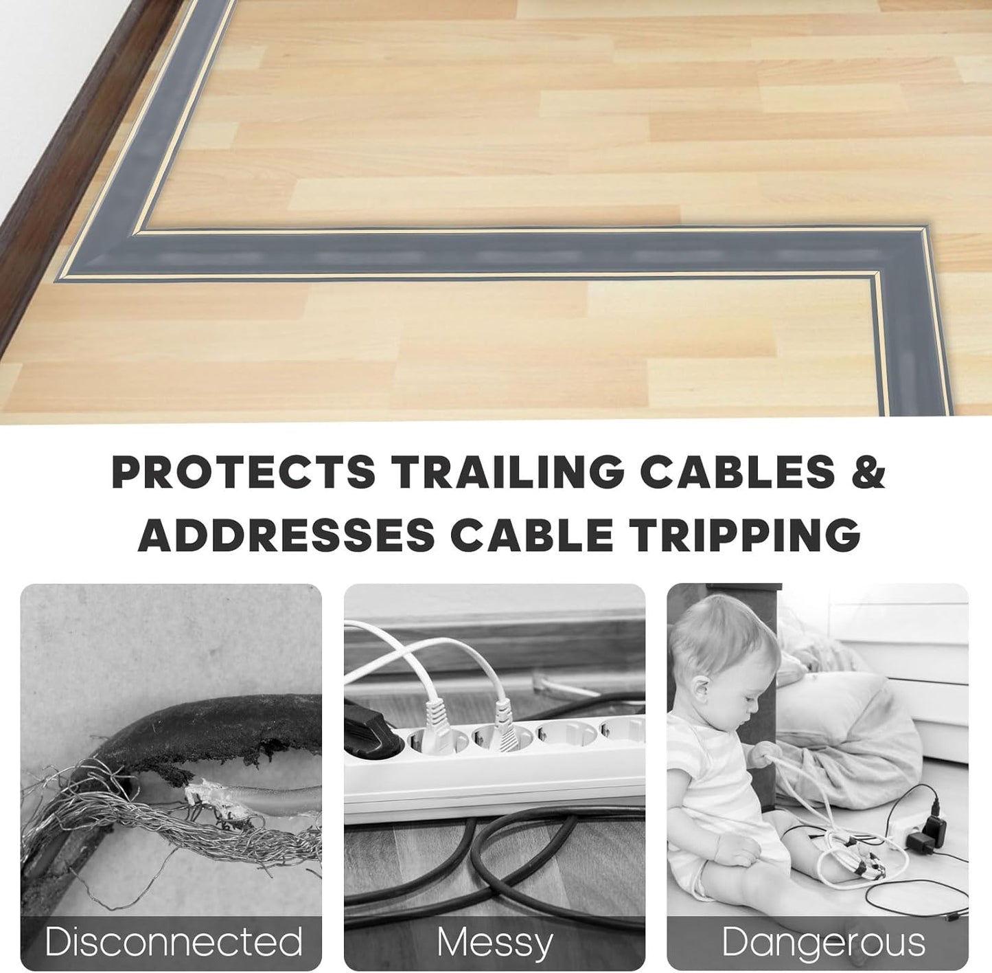 10ft Large Grey Floor Cord Cover, Self-2" (W) x 0.6"(H), Cable Cavity:0.8"(W) x 0.4"(H), Adhesive Power Cable Protector, Silicone Cord Protector, Cord Management, Cord Concealer and Cable Hider