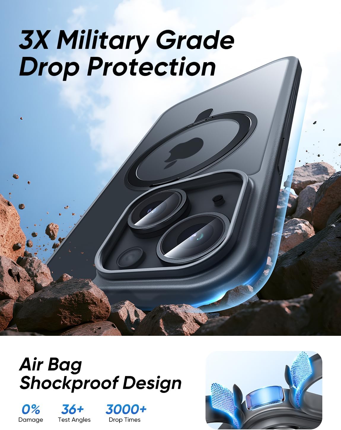 MAGIC JOHN 360° Rotatable Magnetic Invisible Stand for iPhone 14/iPhone 13 Case [Anti-Slip Grip] [Compatible with MagSafe] 16FT Shockof for iPhone 14/13 Case with Kickstand, Black