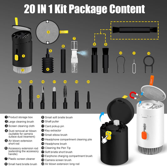 walrfid 2 Pack Laptop Phone Screen Cleaner Kit, Computer Keyboard Brush Cleaning Spray for iPhone AirPods MacBook iPad, 20-in-1 Electronic Device Tool for Camera Earbud TV Car Screens, Black White