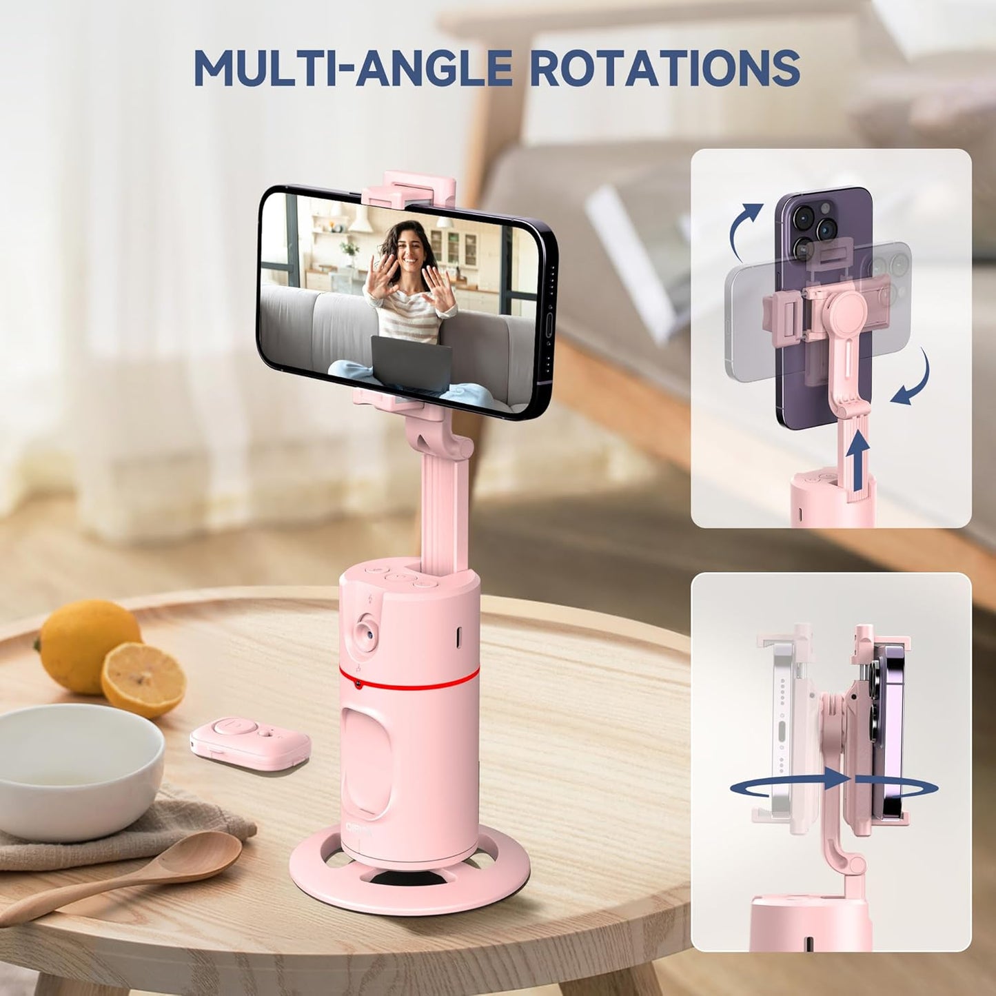 Auto Face Tracking Phone Holder, Gesture Control & Remote, Face Tracking Tripod 360 Rotation Body Phone Camera Mount Smart Shooting Holder, iPhone Selfie Stick Tripod, Expandable Pole (Pink)