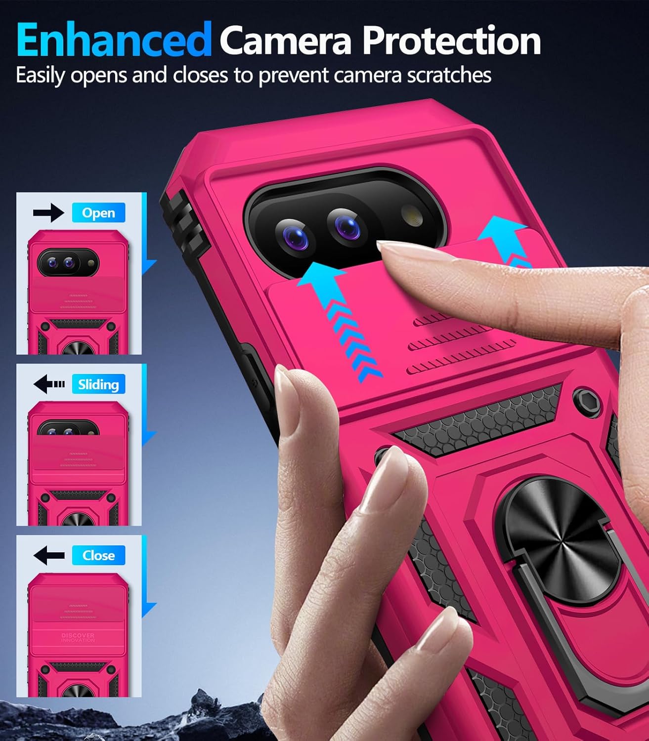 Taisairu for Google Pixel 9A Case with Screen Protector & Slide Camera Lens Cover,Built-in 360°Rotate Magnetic Ring Stand Shockproof Protective Phone Case for Google Pixel 9A Case(Hot Pink)