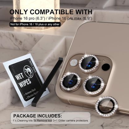 Choiche Compatible for iPhone 16 Pro/iPhone 16 Pro Max Camera Lens Protector Bling, 9H Tempered Glass Camera Cover Screen Protector Metal Ring Decoration Accessories (Diamond-Titanium Desert)