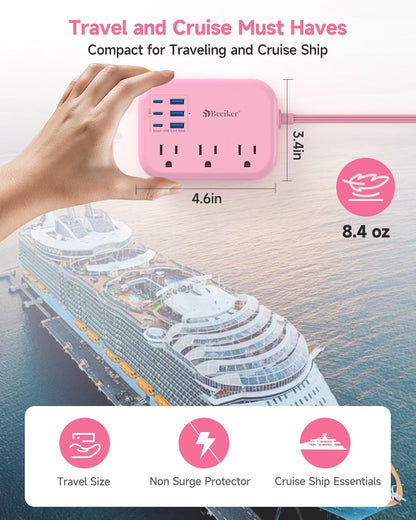 6 USB(3 USB C) Pink Power Strip- 5Ft Pink Extension Cord with 6 USB Charging Station 24W/4.8A and 3 Outlets, Pink Desk Accessories for Cruise Travel Pink Cute Kawaii College Dorm Desk Home Essentials
