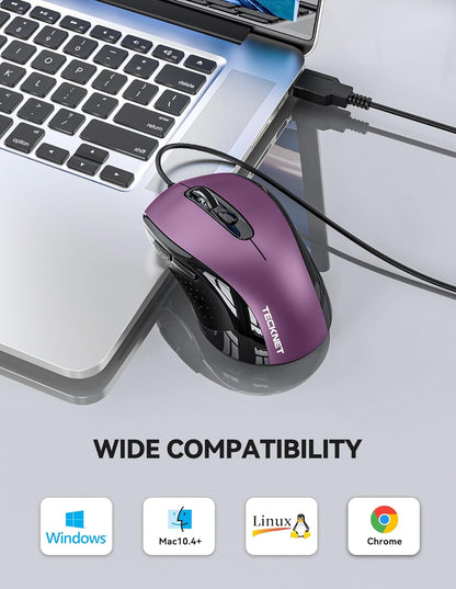 TECKNET USB Wired Mouse, 3600DPI Corded Computer Mouse with 4 Adjustable Levels, 6-Button 5FT Cord Ergonomic Mice, Home and Office Mouse for Laptop PC Desktop Notebook - Purple