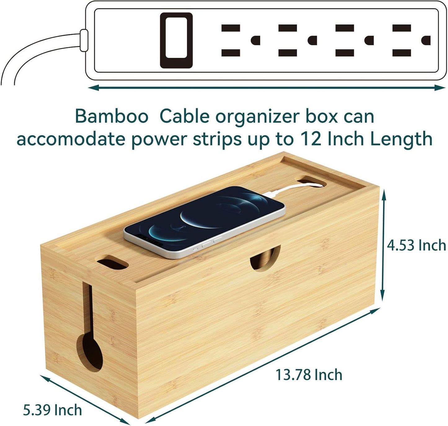 Bamboo Cable Management Box, Medium Cord Organizer Box Cable Box to Hide Wires & Power Strips for Desktop Storage Cord Holder for Office Home,No Assembley Required