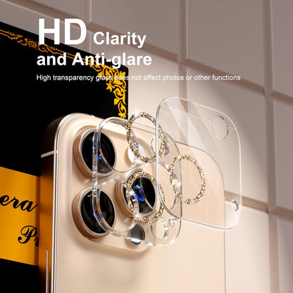 beuxece for 6 Pack iPhone 15 Pro/iPhone 15 Pro Max Camera Lens Protector [Drop Protection] [Case Friendly] [Easy Installation] 9H Tempered Glass Camera Screen Protector Cover, Glitter Gold