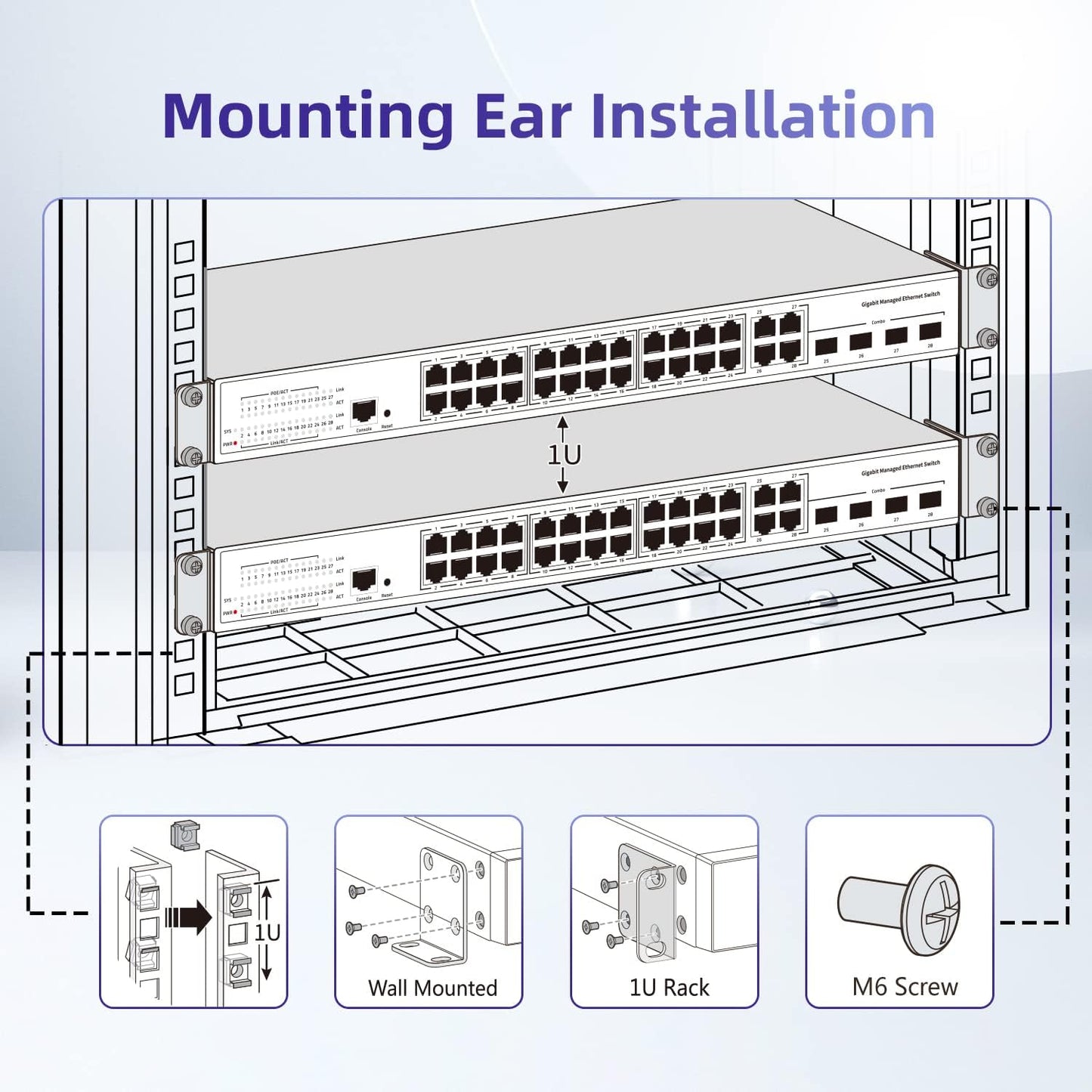 Rack Mount Kit Universal 1U Rack Ears with Adjustable Holes Distance, Compatible for Most Cisco, NETGEAR,Dell, D-Link, Linksys, TRENDnet and Buffalo Tech Switches