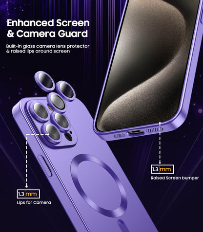 Magnetic for iPhone 15 Pro Case [Compatible with MagSafe][Built-in Camera Lens Protector] Slim Soft Silicone Bumper Shockproof Metallic Shine Phone Case (Purple)