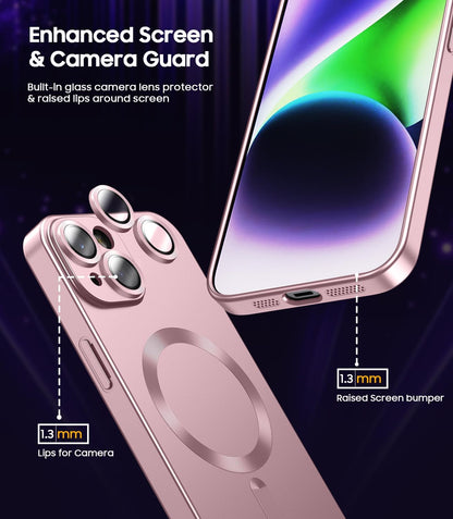 Magnetic for iPhone 14 Case [Compatible with MagSafe][Built-in Camera Lens Protector] Slim Soft Silicone Bumper Shockproof Metallic Luster Phone Case (Rose Gold)