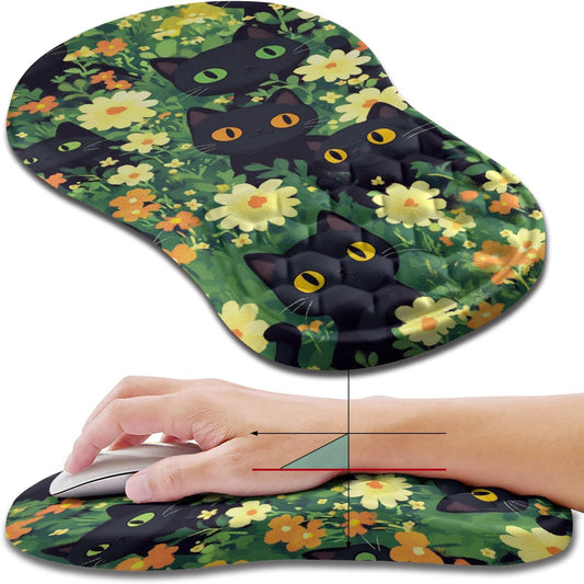 Hokafenle Ergonomic Mouse Pad Wrist Support, Wrist Rest Mousepad for Carpal Tunnel Pain Relief with Integrated Memory Foam Slope Massage Bulge (11.8x7.9 inch,Cute Cat