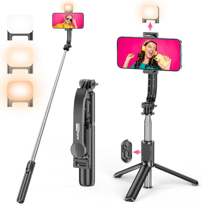 Selfie Stick Tripod with Fill Light, All in One Extendable Selfie Stick with Detachable Wireless Remote, Flexible Phone Tripod Stand Compatible with iPhone/Galaxy, Compact Size & Lightweight