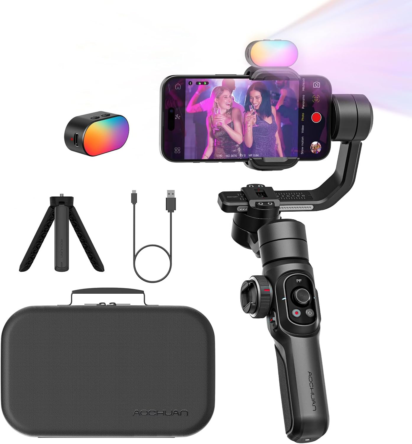 Gimbal Stabilizer for Smartphone, Phone Gimbal w/8" Extension Rod, Profession 3-Axis Stabilizer w/RGB Magnetic Fill Light for Video Recording, Compatible w/iPhone/Andriod-Smart S2 Kit