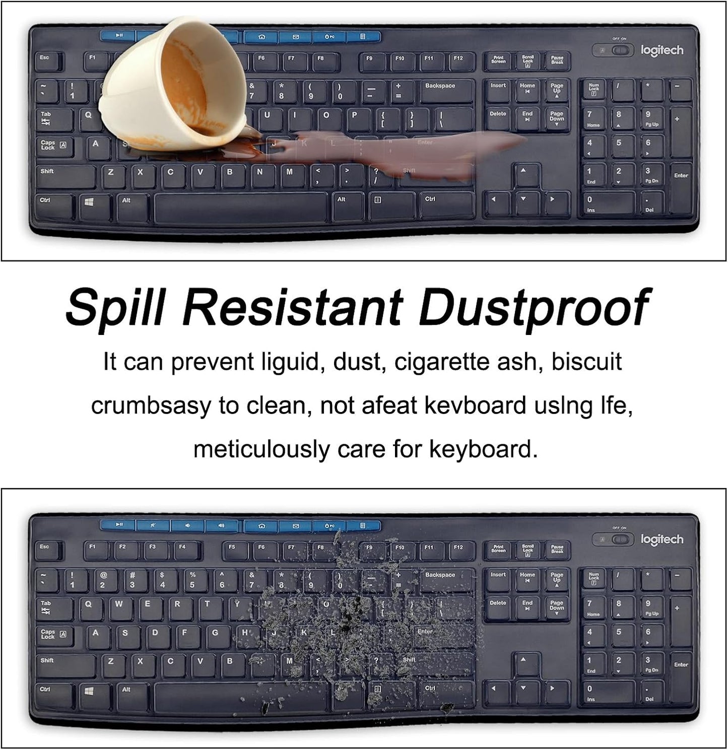 Silicone Keyboard Cover for Logitech K200 K260 K270,Ergonomic Wireless Keyboards, MK200 MK260 Keyboard Skin Waterproof Dustproof - Transparent