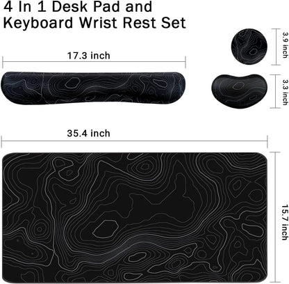 Topographic Large Mouse Pad and Keyboard Wrist Rest, Desk Pad for Keyboard and Mouse, 4-in-1 Large Gaming Mouse Pad with Wrist Support, Non-Slip Desk Mat for Home Office Study Game-Topographic Contour