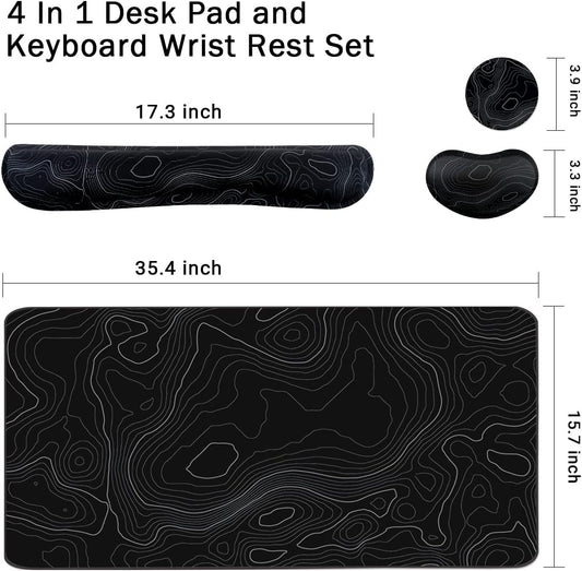 Topographic Large Mouse Pad and Keyboard Wrist Rest, Desk Pad for Keyboard and Mouse, 4-in-1 Large Gaming Mouse Pad with Wrist Support, Non-Slip Desk Mat for Home Office Study Game-Topographic Contour