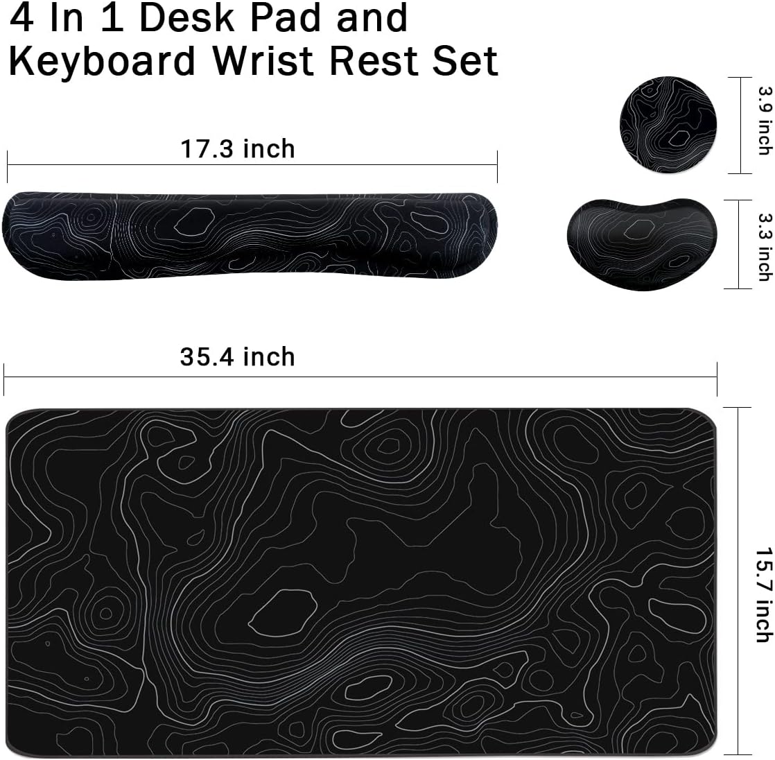 Topographic Mouse Pad Set, Extended Mouse Pad+Keyboard Wrist Rest, Memory Foam Ergonomic Easy Typing, 4Pcs (35.4×15.7 in) Desk Pad Set for Home Office Study Game-Topographic Contour