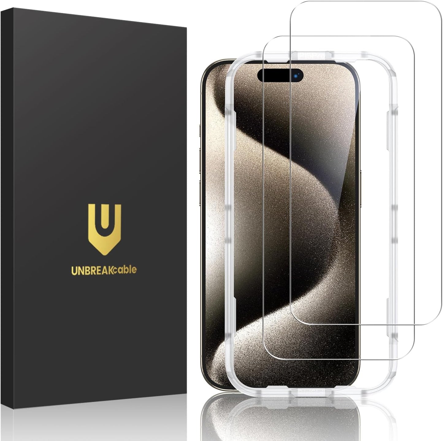 UNBREAKcable Screen Protector for iPhone 15 Pro,Shatterproof Tempered Glass [Easy Installation Frame] [Lasting Protection] [Smooth Touch] [9H Hardness] [Case Friendly] for Apple 6.1”-2 Pack