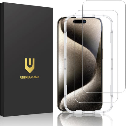 UNBREAKcable Screen Protector for iPhone 15 Pro,Shatterproof Tempered Glass [Easy Installation Frame] [Lasting Protection] [Smooth Touch] [9H Hardness] [Case Friendly] for Apple 6.1”-2 Pack